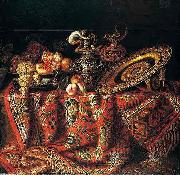 Jacques Hupin A still life of peaches, grapes and pomegranates in a pewter bowl, an ornate ormolu plate and ewers, all resting on a table draped with a carpet Germany oil painting artist